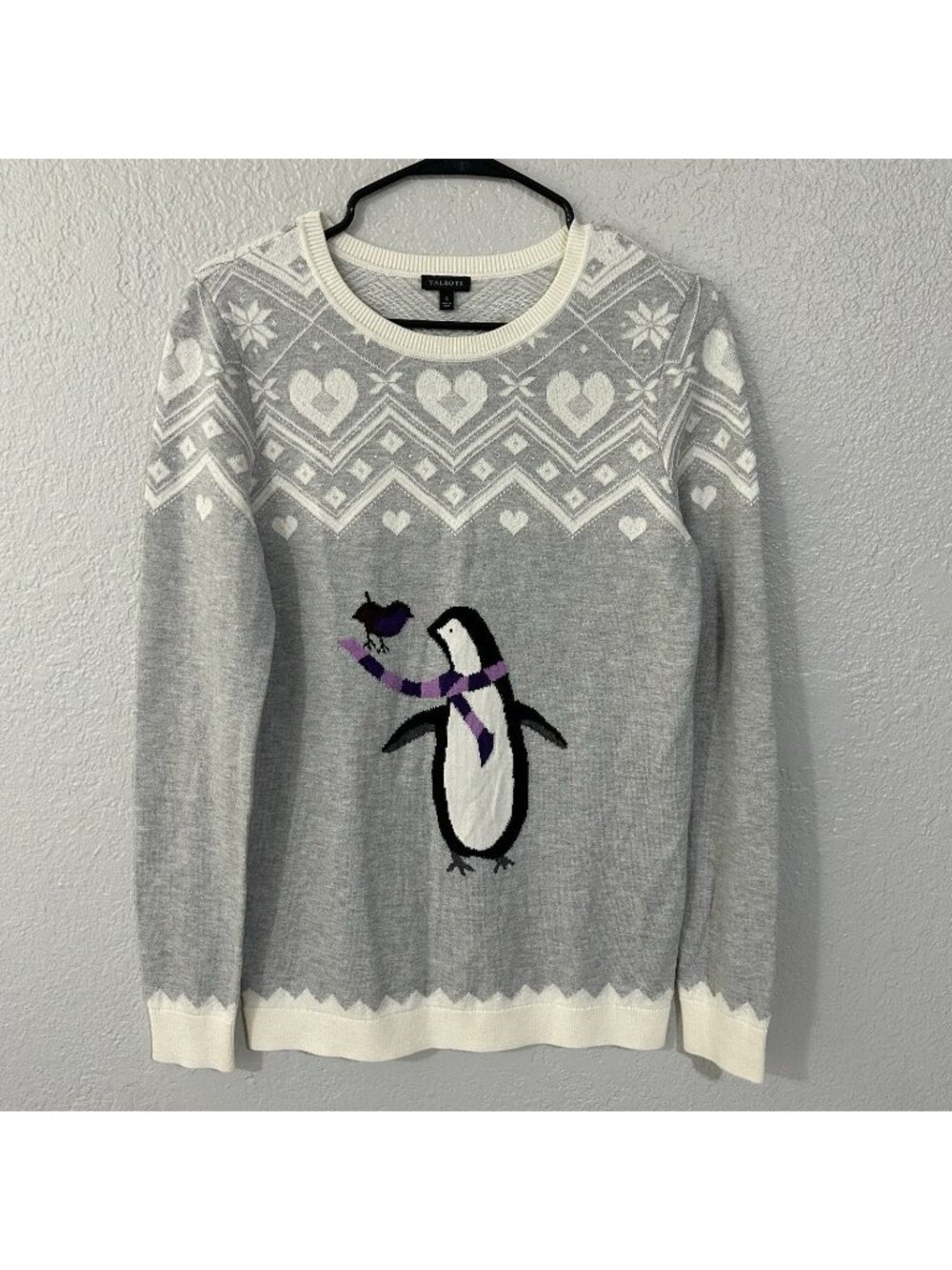 Talbots Womens Fair Isle Crewneck Sweater Gray White Penguin Medium Christmas